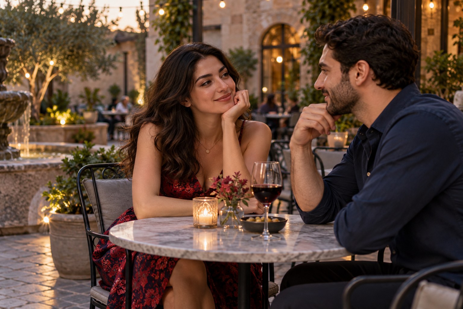 Illustrative brand photograph of an adult couple enjoying a café conversation